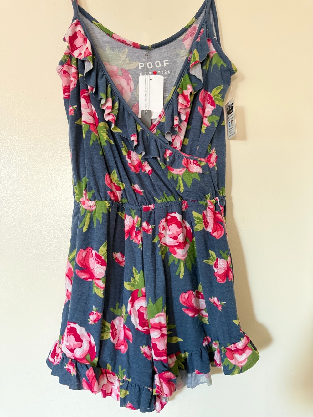 *BRAND NEW* Poof Navy Blue VNeck Floral Spaghetti Strap Ruffle Romper Pink Roses